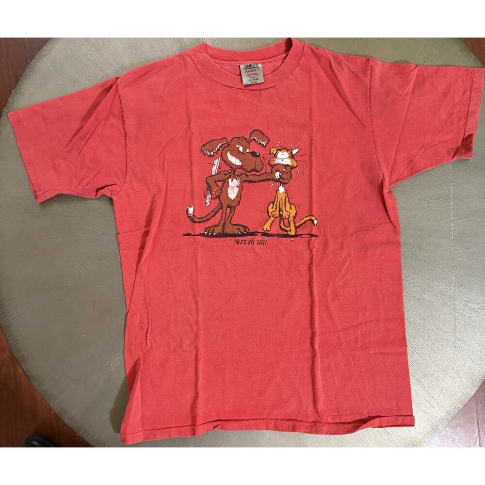 Vtg 1986 Make My Day Dog Cat Graphic T Shirt XL Oneita Power T Made in USA 80s